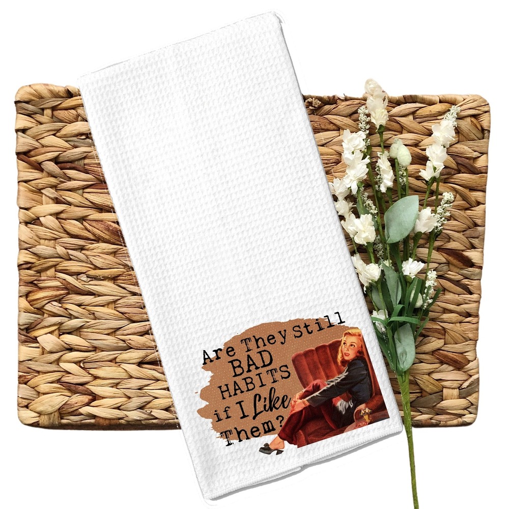 Vintage Style Bad Habits Waffle Weave Kitchen Towel White Funny Retro Graphic - Picture 4 of 9
